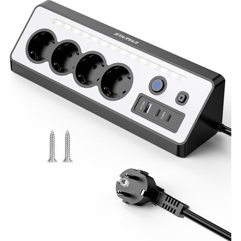 Multiprise de bureau 4 prises avec USB et 2 Type-C, 16 A, 3680 W, prise d'angle avec 2 interrupteurs, protection contre les surtensions avec LED, multiprise pour cuisine, bureau, noir (1/5)