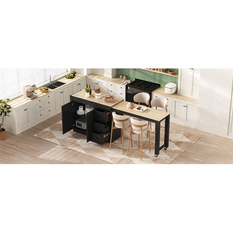Îlot de cuisine mobile sur roulettes, extensible en coin repas, avec étagères à épices et tiroirs. Idéal pour la cuisine et la salle à manger (noir). (1/5)