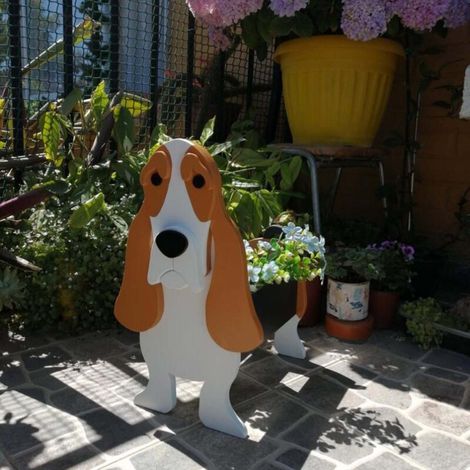 Pot de fleurs décoratif en bois en forme de chien mignon, motif basset hound, pour jardin.