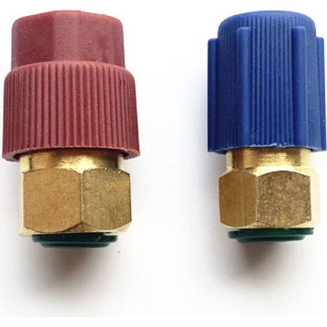 Adaptateurs de recharge climatisation R12 vers R134a – 2 pièces, filetage 7/16" (bas) et 3/8" (haut), avec valves intégrées (1/5)