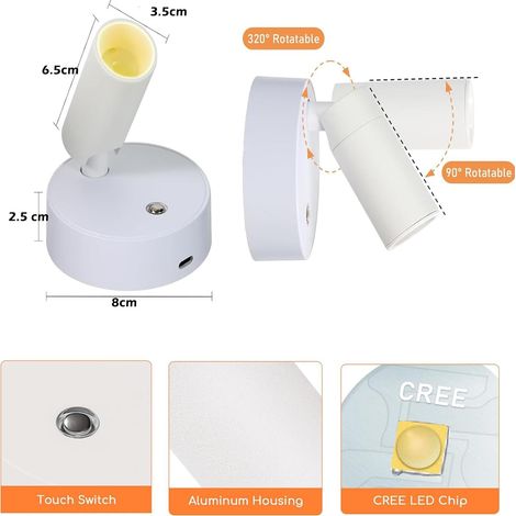 Mini Spot LED Rechargeable avec Tactile Luminosité Réglable 2000 mAh Autonomie Rotatif à 320° 4000K Blanc (1/5)