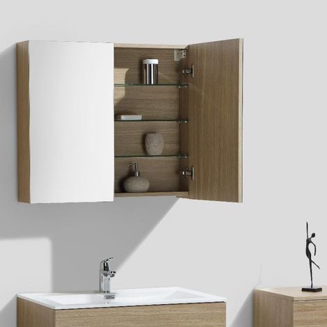 Stano. – Armoire de toilette suspendue 80 cm – Chêne clair texturé – 3 étagères en verre – Pré-montée pour installation rapide (1/5)
