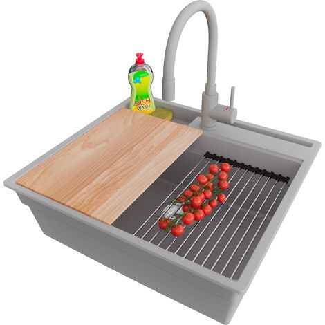 PRIMAGRAN Evier Cuisine en Granit 58x53cm,Lavabo 1 bac + Robinet 38x14cm + Kit de Vidage + Accessoires, Évier à Encastrer au meuble 60cm - Oslo Pocket, Gris (1/5)