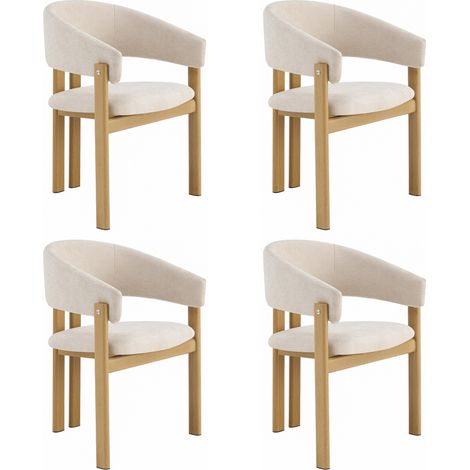 Lot de 4 chaises avec accoudoirs en lin beige, structure métal décor bois naturel, pour salle à manger salon (1/5)