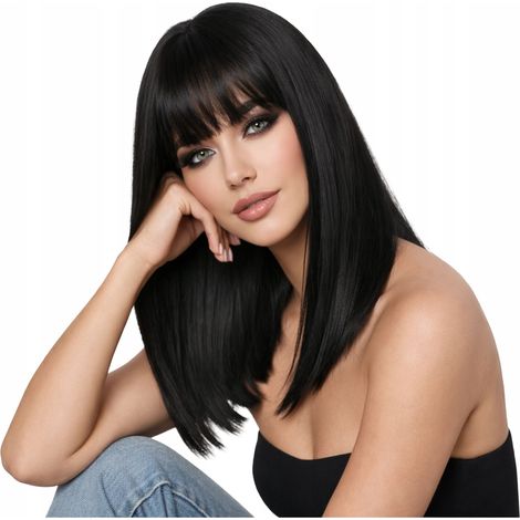 Peluca Luvu para mujer con flequillo, cabello liso castaño oscuro, como natural. (1/5)