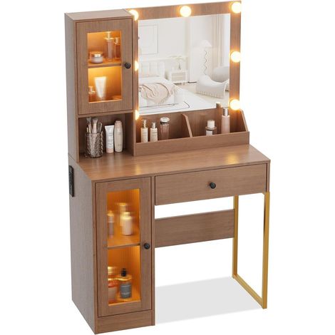 Coiffeuse avec Miroir LED, Prises Intégrées et Ports USB, Table de Maquillage avec Tiroirs et Meuble de Rangement en MDF pour Chambre à Coucher
