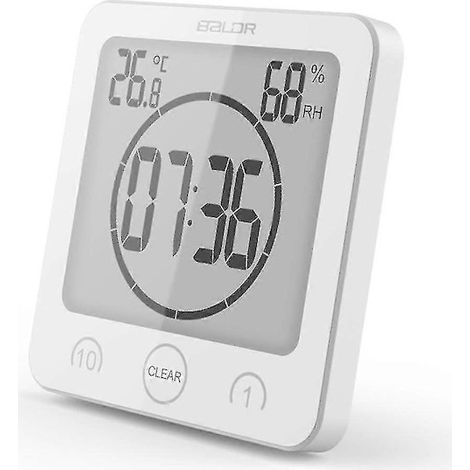 Horloge de salle de bain, horloge étanche pour salle de bain et cuisine avec thermomètre et hygromètre pour la douche, la cuisine et le maquillage, blanche (1/4)