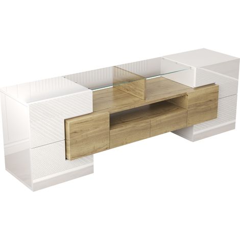 TV-Lowboard 145 cm in Weiß Hochglanz und Holzoptik mit LED-Beleuchtung und Glasoberfläche MODENUIT (1/5)