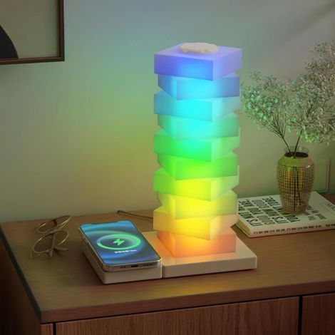 Lampe de chevet avec chargeur sans fil - Éclairage d'ambiance LED pour chambre à coucher - Lampe de table Cube - 16 couleurs changeantes avec contrôle tactile - Veilleuse à intensité variable [Classe (1/4)