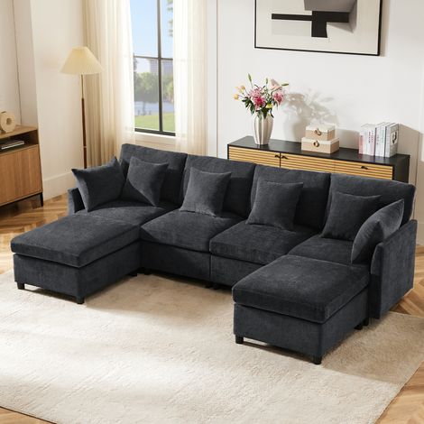 Divano modulare 278x161x81 cm in chenille grigio scuro, con 2 pouf, per soggiorno – MEUBLIV (1/5)
