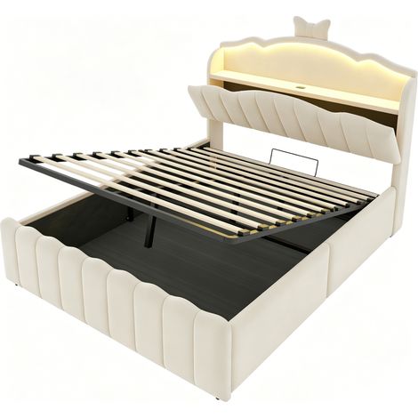Letto per bambini imbottito 140 x 200 cm in velluto con vano idraulico, LED, USB e USB-C, beige (1/5)