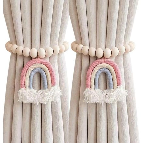 2PCS Rideau embrasses dos, embrasses de Rideau avec pendentif pompon arc en ciel, cravates en bois perlé pour rideaux, pas de poinçonnage Rideau retenues traitement de fenêtre pour chambre à cou