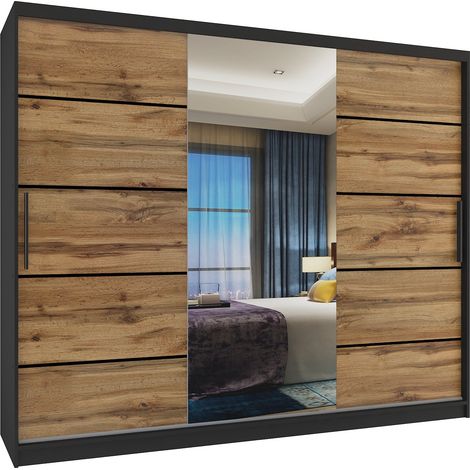 BELINI Verona MBP Schiebetürenschrank 232 cm - Kleiderschrank mit Spiegel & 4 Schubladen, Schlafzimmer - Schwarz/Goldbraun Matt (1/4)