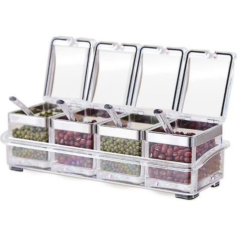 Tenta Kitchen Gourmet Set Of 4 Acrylic Spice Compartments With 4 Serving Spoons Ideal For The Kitchen (1/4)