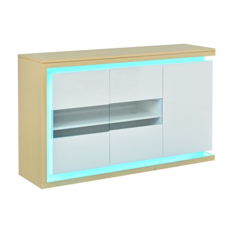 Buffet 140cm, portes verre trempé, bande LED, 4 compartiments multi-usages