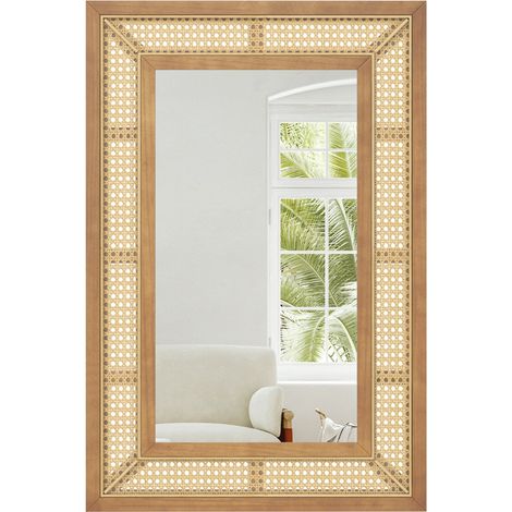 Specchio da parete in rattan con cornice in legno, Specchio decorativo rotondo bohemien da parete 90 x 60 cm (1/4)