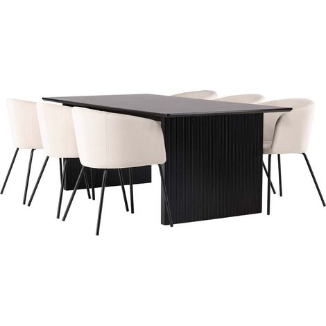 Vail Essgruppe Tisch schwarz und 6 berit Stühle beige.
