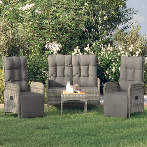 4-tlg. Garten-Essgruppe mit Kissen Grau Poly Rattan