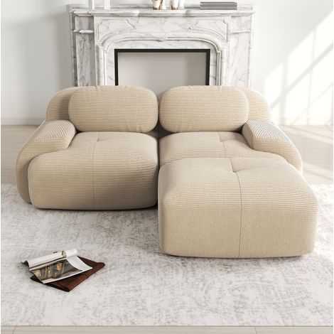 Canapé d'angle modular de pana beige, sin montaje y con reposabrazos curvos (1/5)