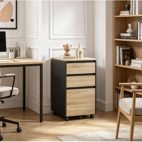 Cassettiera ufficio 40x40x70 cm nera e rovere chiaro in legno ingegnerizzato con ruote e portadocumenti (1/5)