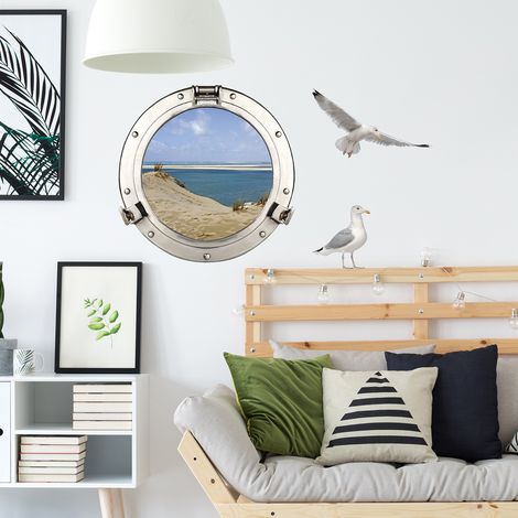 Sticker décoratif 3D Hublot trompe l'oeil, 68 cm X 48 cm, Dunes de mer, Décoration fenêtre intérieure. (1/2)