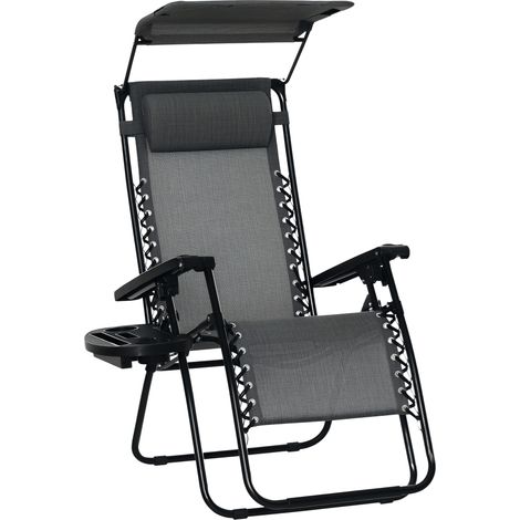 Foldable Reclining Garden Chair with Headrest and Footrest,Zero Gravity Lounge Seat with Armrest,Cup Holder,Canopy Shade in Light Grey