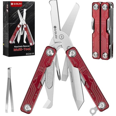 Multitool Klappschere mit 9 Werkzeugen, Edelstahl, Rot, für Outdoor & Camping
