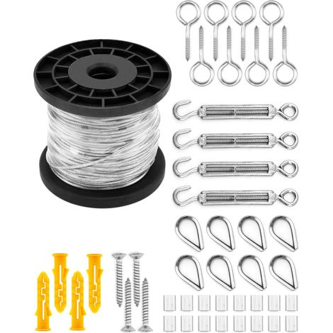 50 m/2 mm Corde en Acier Inoxydable à Suspendre Kit ， avec M5 tendeur, M5 Crochets à Oeil, M2 manchons, M2 fixations à sertir, pour Rambarde, Corde a linge (1/5)