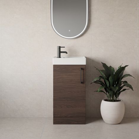 Napoli Cube Brown Oak 400mm Single Door Vanity Unit with Align Basin - 400mm - Gunmetal Grey 160mm Handle