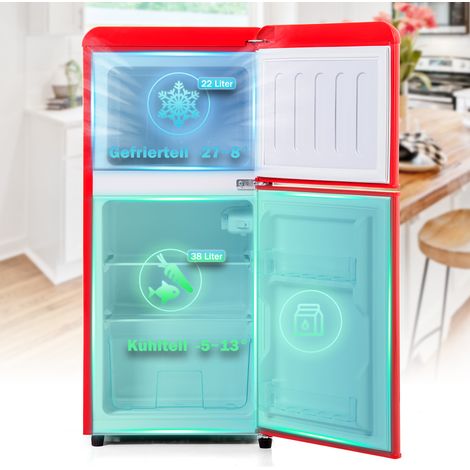 Réfrigérateur congélateur rétro 88,8x45,5cm double porte 60L total 22L congélation 102 kWh/an plage -27°C13°C éclairage LED.