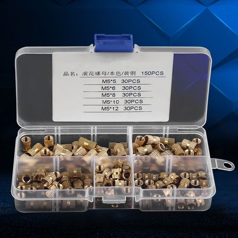 Kit 150 pièces écrous à sertir M5 en laiton, inserts filetés cylindriques moletés, écrous noyés pour bois et plastique (1/5)