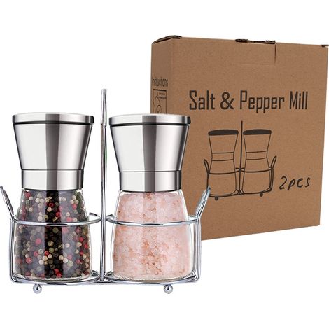 Pepper and Salt Grinder, Pepper & Salt Shaker Set, Brushed Stainless Steel and Glass Grinders, Adjus (1/5)