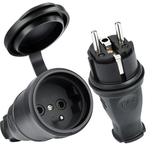 2PCS Paires de Fiches Schuko, Kit Schuko Fiche + Prise Femelle, Étanche IP44, 250V 16A Fiche Électrique en Caoutchouc Broche, fiche D'alimentation De Contact de Protection (1/5)