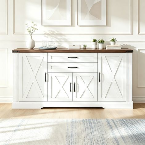 Buffet îlot de cuisine blanc 160×39×81,5 cm avec plan de travail, 4 portes et 2 tiroirs, meuble rangement pour cuisine, salle à manger et salon (1/5)