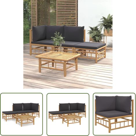 Salon de jardin 4 pcs avec coussins gris foncé bambou (1/5)
