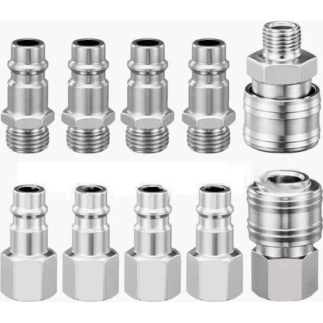 Kit de 10 raccords rapides pneumatiques pour compresseur, 1/4" BSP, raccord rapide, raccord d'air, tuyau, connecteur d'air comprimé, mâle et femelle (1/2)