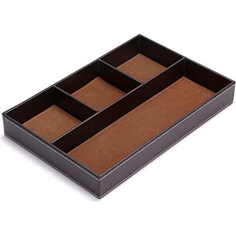 Organizador cajones escritorio 4 compartimentos, compartimentos almacenamiento cuero sintético, bandeja escritorio multifuncional (marrón) (1/4)