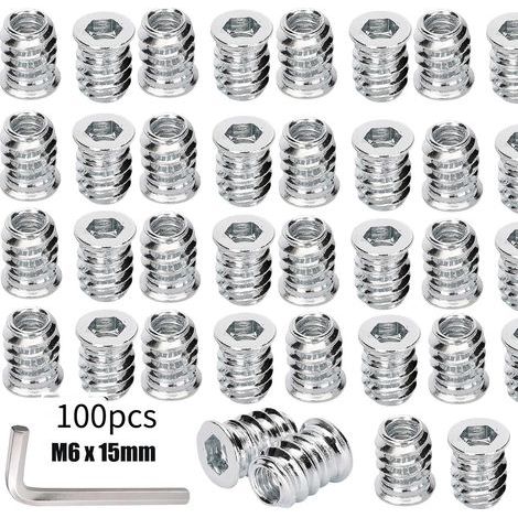 Lot de 100 écrous à visser M6 x 15 mm Insert fileté pour bois Manchons à visser à six pans creux pour meubles en bois Insert fileté Écrous hexagonaux à six pans creux en acier galvanisé (1/5)