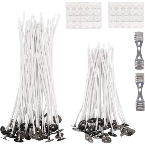MINKUROW 200 Mechas De Soja Para Velas Con 2 Soportes Metálicos Y 40 Puntos De Pegamento Para Velas Caseras (10,5 Cm Y 13,5 Cm) (1/5)