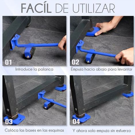 Lève-meubles robuste, déménageur de meubles avec 4 roulettes et 1 barre de roulement bleue (1/5)
