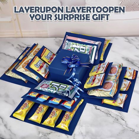 Scatola esplosiva fai da te a 5 strati, scatola sorpresa con nastro adesivo + nastro, confezione regalo versatile per compleanni, Natale, San Valentino, matrimoni e anniversari (blu) (1/5)