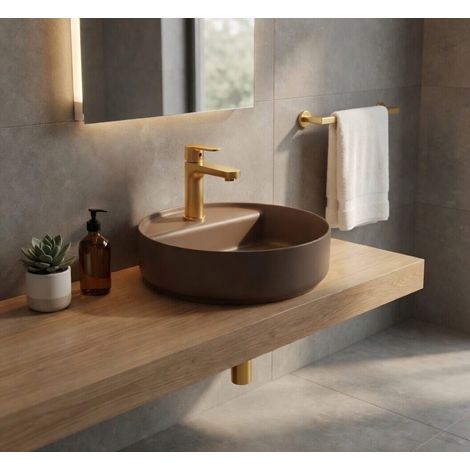 Lavabo tondo da appoggio senza troppo pieno in ceramica con foro rubinetto - Tortora Opaco