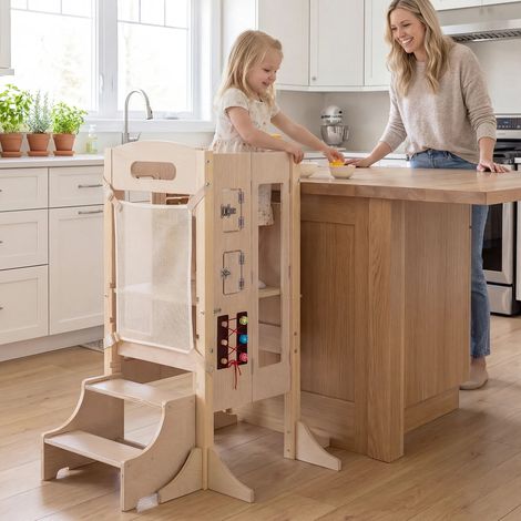 Tour d observation enfant en bois pliable 3-en-1 avec marchepied à 2 marches et tableau amovible pour la cuisine et la chambre (1/5)