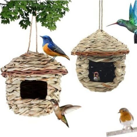 Nichoir en herbe, 2 pièces, nichoirs tissés à la main, nichoir suspendu pour perruches, mésanges, canaris, merles, colibris, rouges-gorges (couleur maïs, B) (1/4)