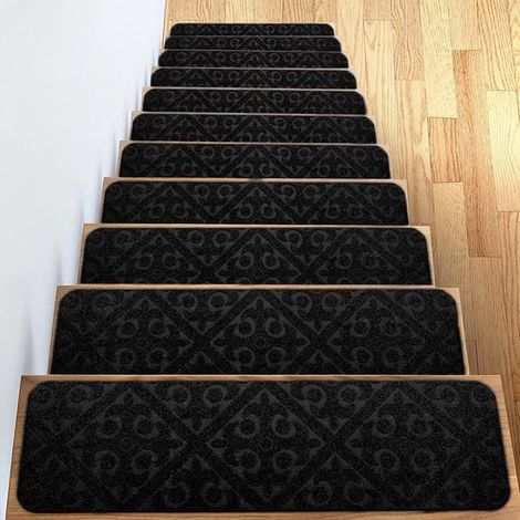 Tappetini per scale neri, antiscivolo, fresati, autoadesivi, 20 x 76 cm, resistenti all'abrasione, set da 6 (1/5)