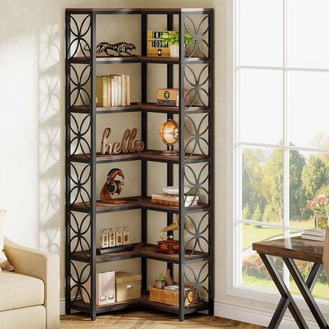 Bibliothèque d'angle en L à 7 niveaux, hauteur 190 cm, étagère de rangement haute hauteur pour salon, gain de place (1/5)
