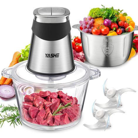 Hachoir électrique YASHE 500 W, bols verre 1,8 L et inox 2 L, 2 vitesses