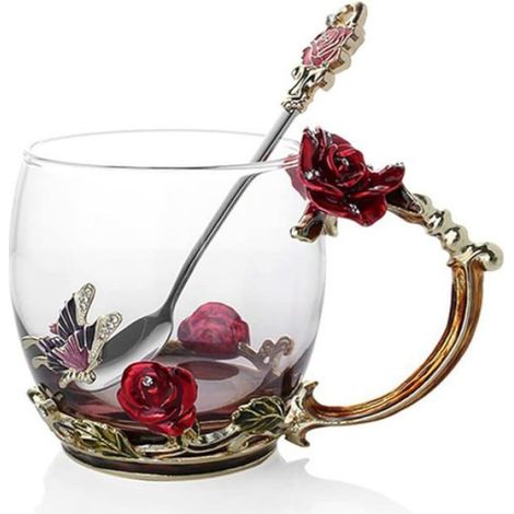 Verre Tasse Thé émaillé Papillons Fleurs Cuillère Acier, Cadeau Parfait Femme Rose-330ml MUG (1/5)
