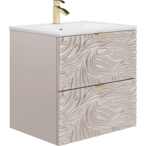 Meuble de salle de bain suspendu texturé avec vasque à encastrer - Beige - 60 cm - RINAREL (1/5)