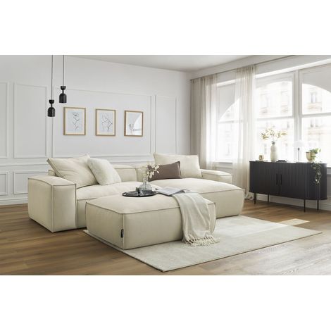 BOBOCHIC - Canapé d'angle réversible ultra moelleux BOHEME velours côtelé avec pouf Réversible Beige (1/5)